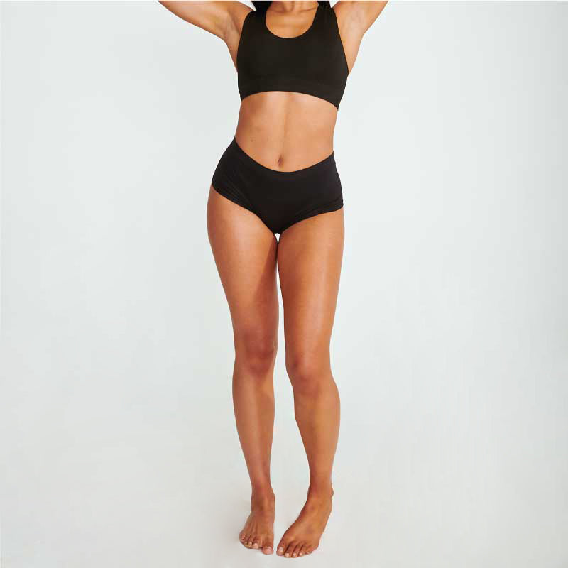 Woman in black underwear showing legs, bikini and underarm areas